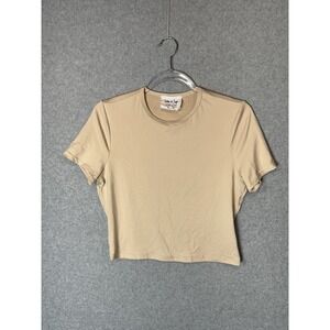 Sadie & Sage Shirt Womens Large Beige Crop Top Short Sleeve Stretch USA‎ Casual
